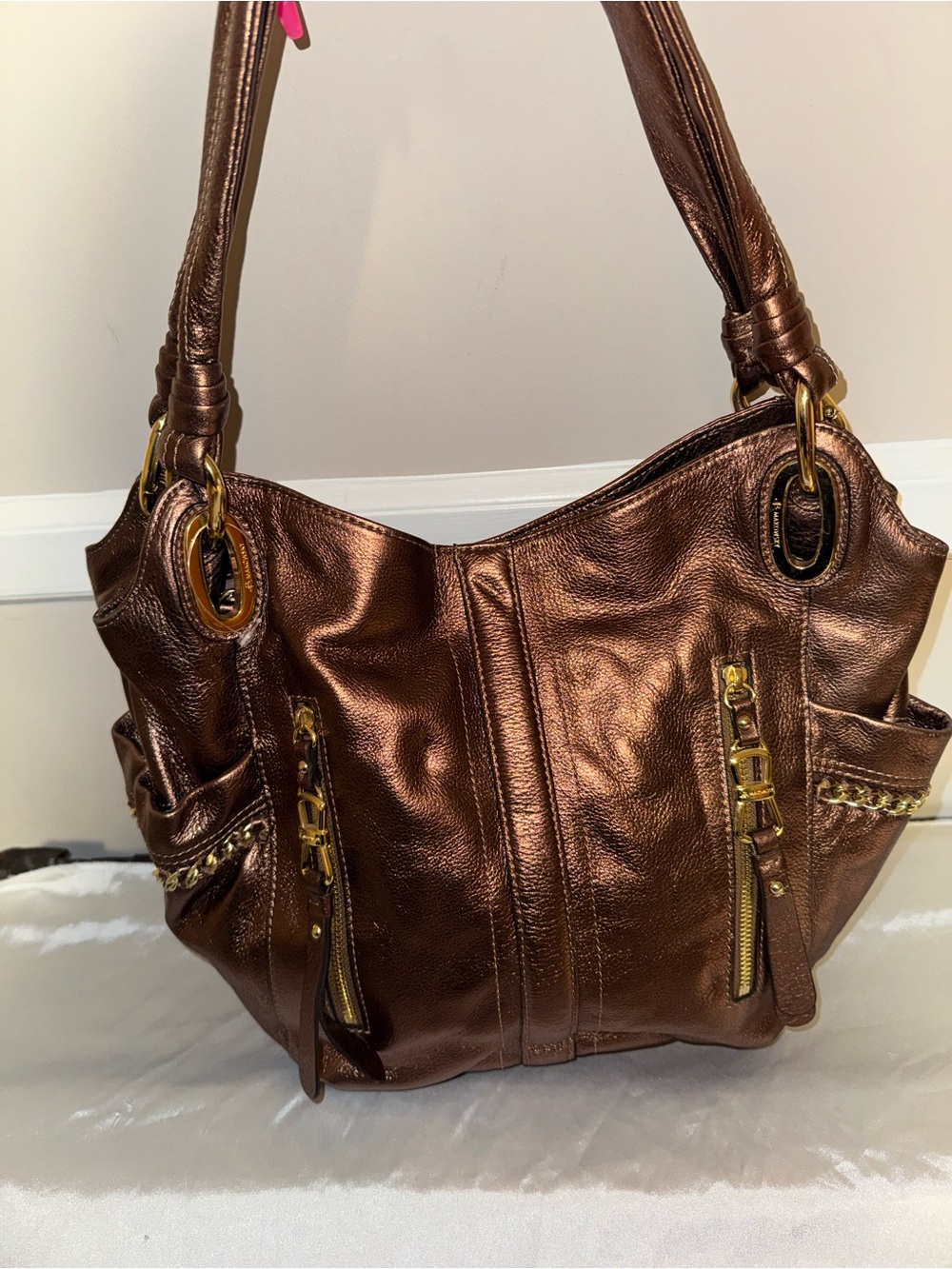 B. Makowsky Metallic Bronze Leather Shoulder Bag - Women's Handbag